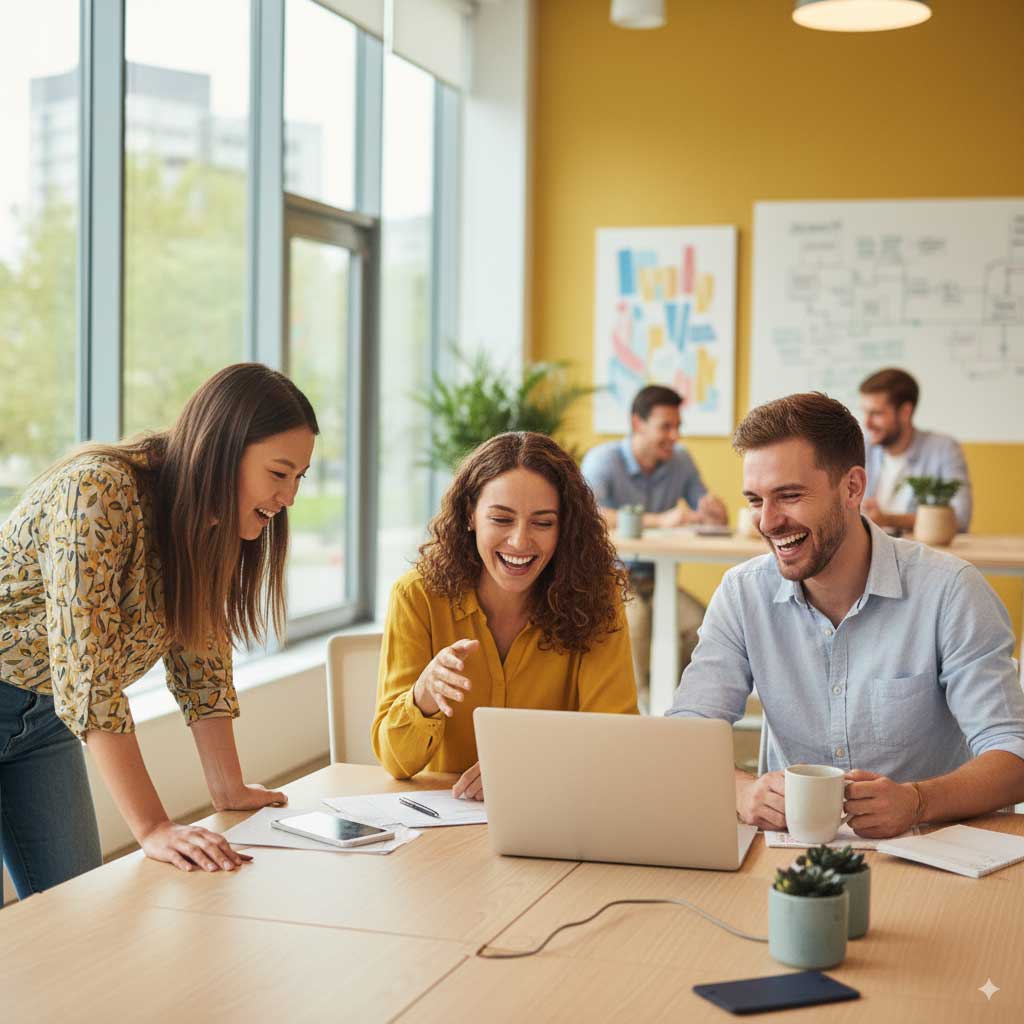 Employees collaborating in a modern workplace supported by dental plan